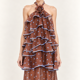 Ciel Rosette Polka Dot Ruffle Midi Dress — detail view