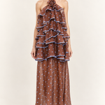 Ciel Rosette Polka Dot Ruffle Midi Dress — front view
