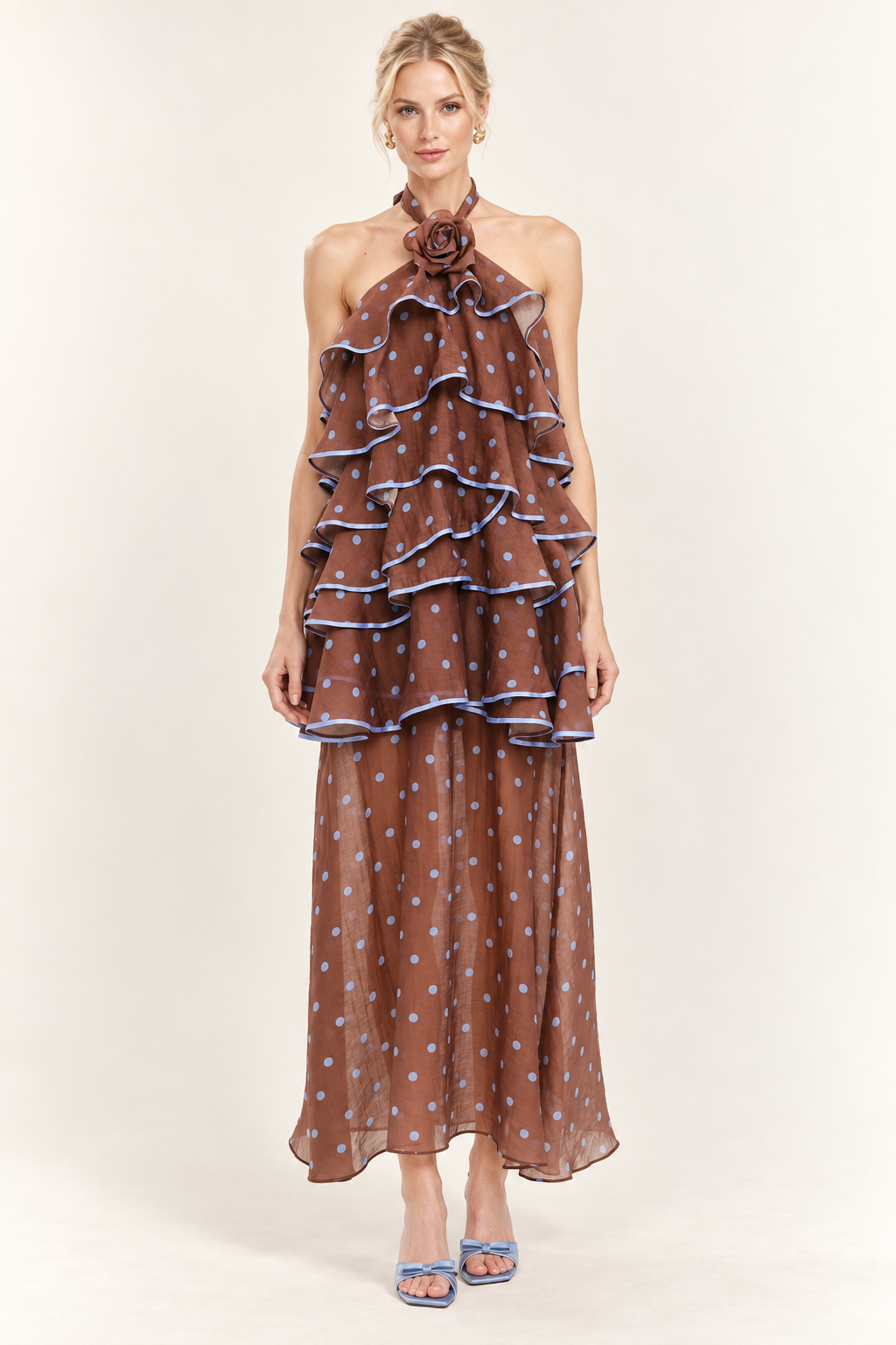 Ciel Rosette Polka Dot Ruffle Midi Dress — front view