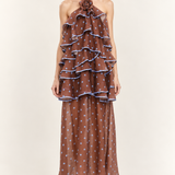 Ciel Rosette Polka Dot Ruffle Midi Dress — front view