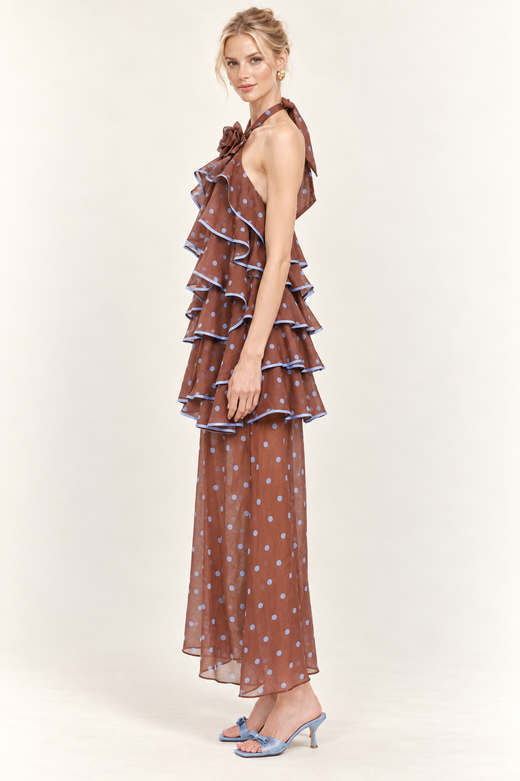 Ciel Rosette Polka Dot Ruffle Midi Dress — side view