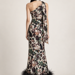 Clarisse Botanical Feather-Hem Maxi Dress back view