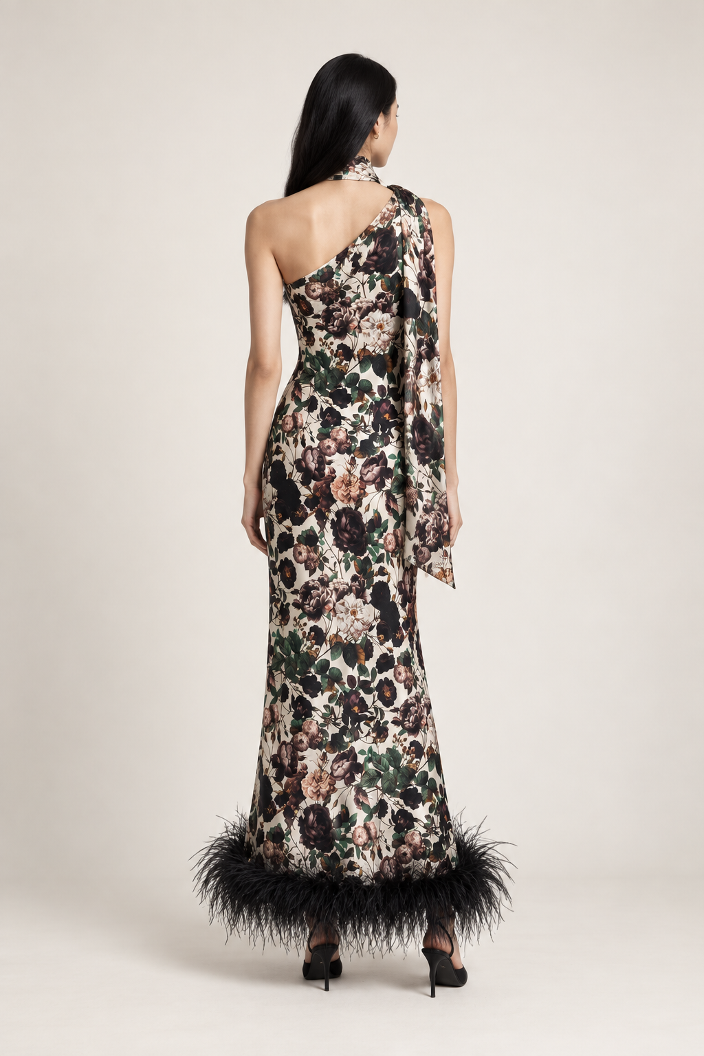 Clarisse Botanical Feather-Hem Maxi Dress back view