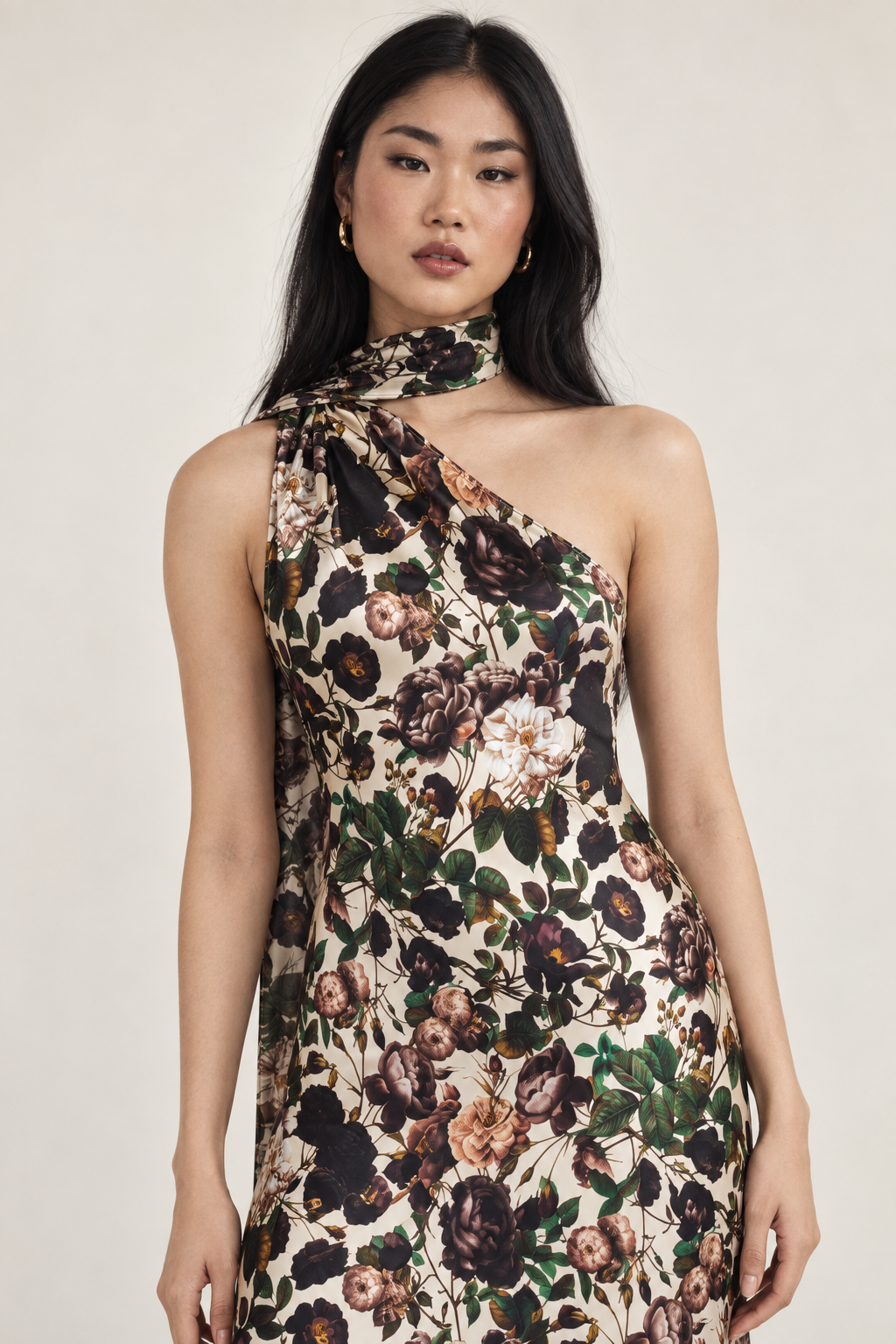 Clarisse Botanical Feather-Hem Maxi Dress close-up view