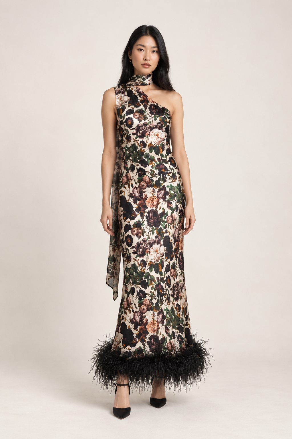 Clarisse Botanical Feather-Hem Maxi Dress front view