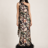 Clarisse Botanical Feather-Hem Maxi Dress front view