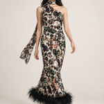 Clarisse Botanical Feather-Hem Maxi Dress movement view