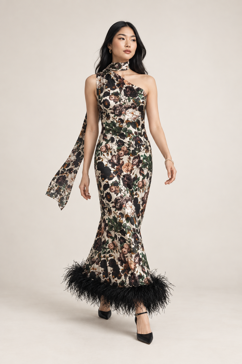 Clarisse Botanical Feather-Hem Maxi Dress movement view