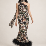 Clarisse Botanical Feather-Hem Maxi Dress movement view