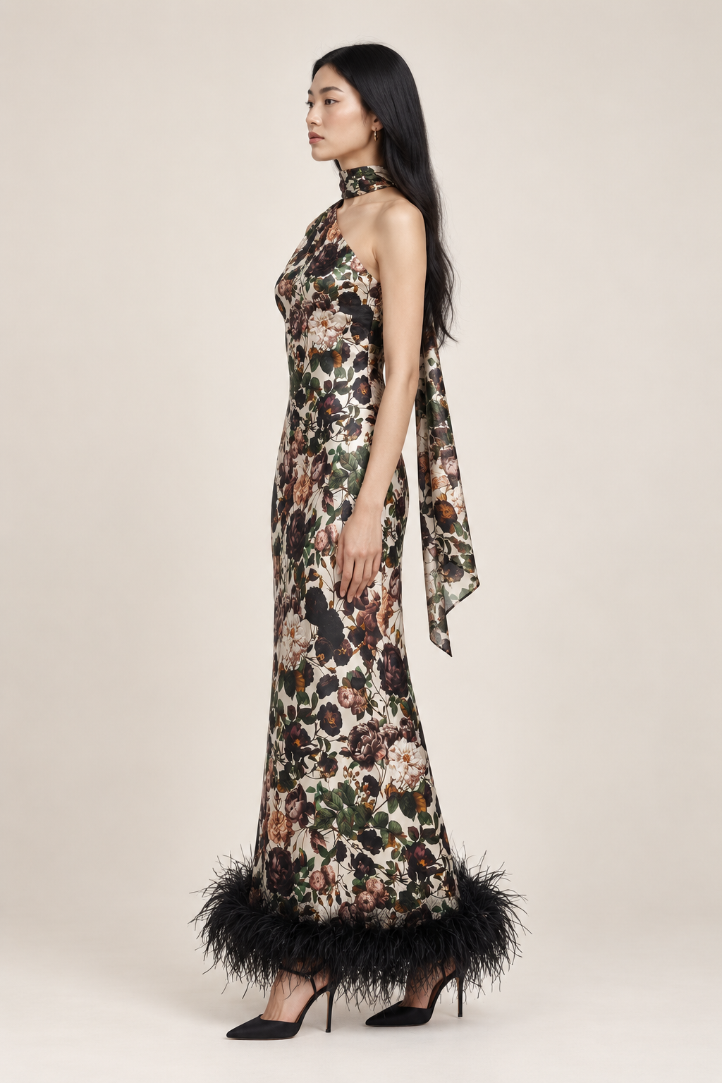Clarisse Botanical Feather-Hem Maxi Dress side view
