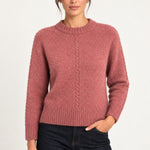 Clémence cable-detail crewneck sweater in Rosewood, front model view on an ivory backdrop