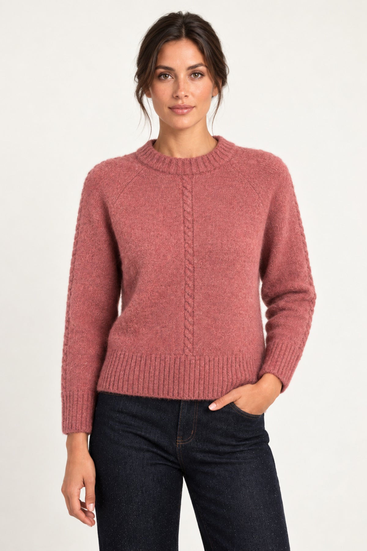 Clémence cable-detail crewneck sweater in Rosewood, front model view on an ivory backdrop