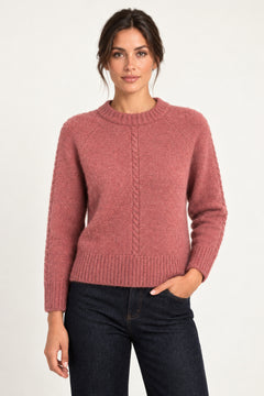 Clémence cable-detail crewneck sweater in Rosewood, front model view on an ivory backdrop