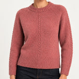 Clémence cable-detail crewneck sweater in Rosewood, half shot model view on an ivory backdrop