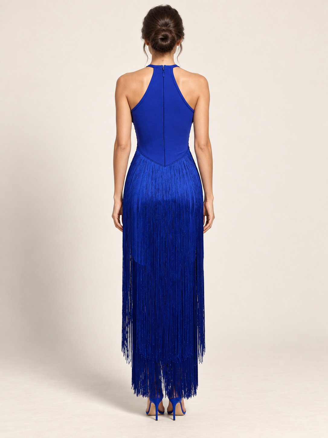 Cobalt Nocturne Fringe Midi Dress – back view