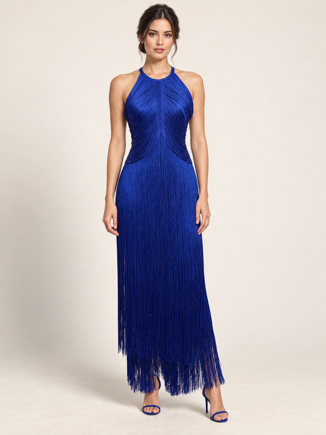 Cobalt Nocturne Fringe Midi Dress – front view