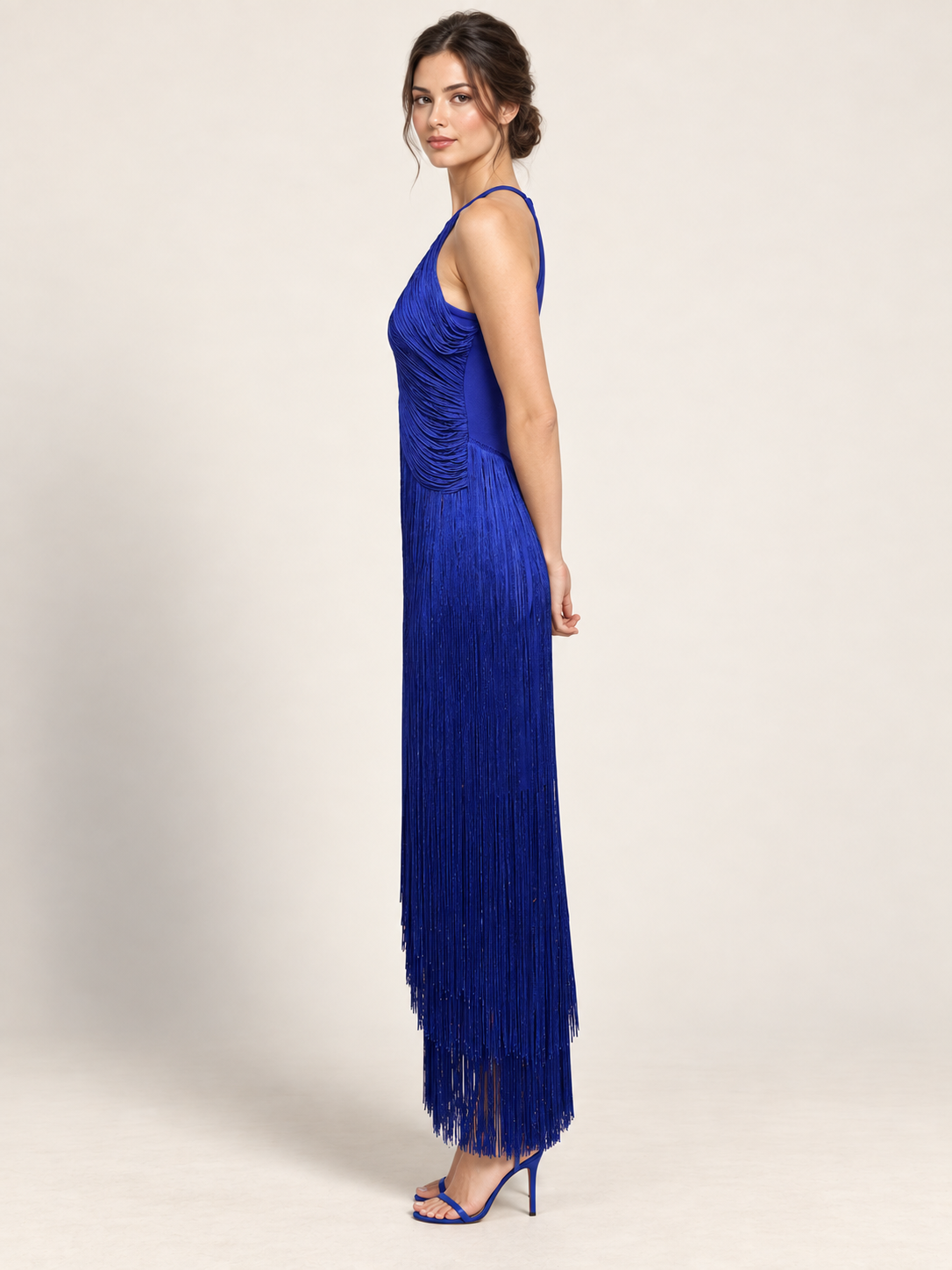 Cobalt Nocturne Fringe Midi Dress – side view
