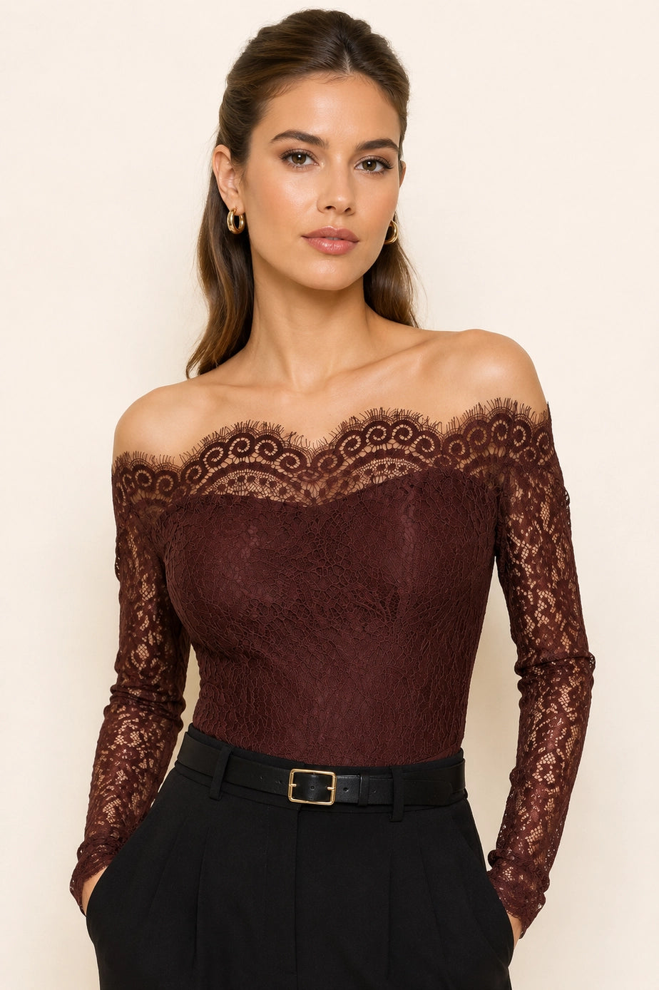 Colette Chocolate Lace Bodysuit — front view