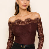 Colette Chocolate Lace Bodysuit — front view