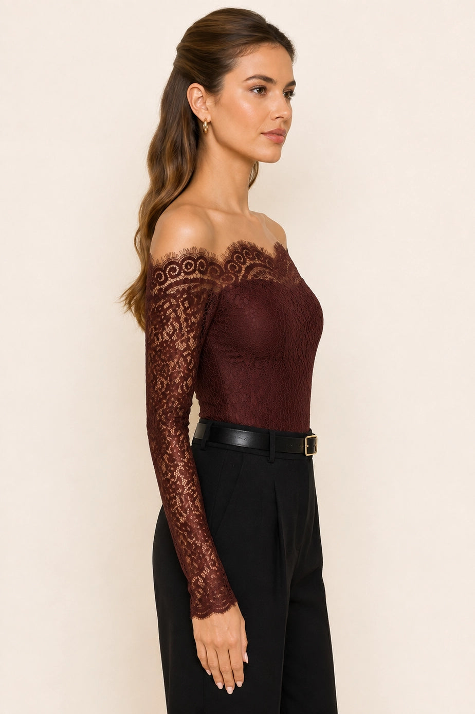 Colette Chocolate Lace Bodysuit — side view