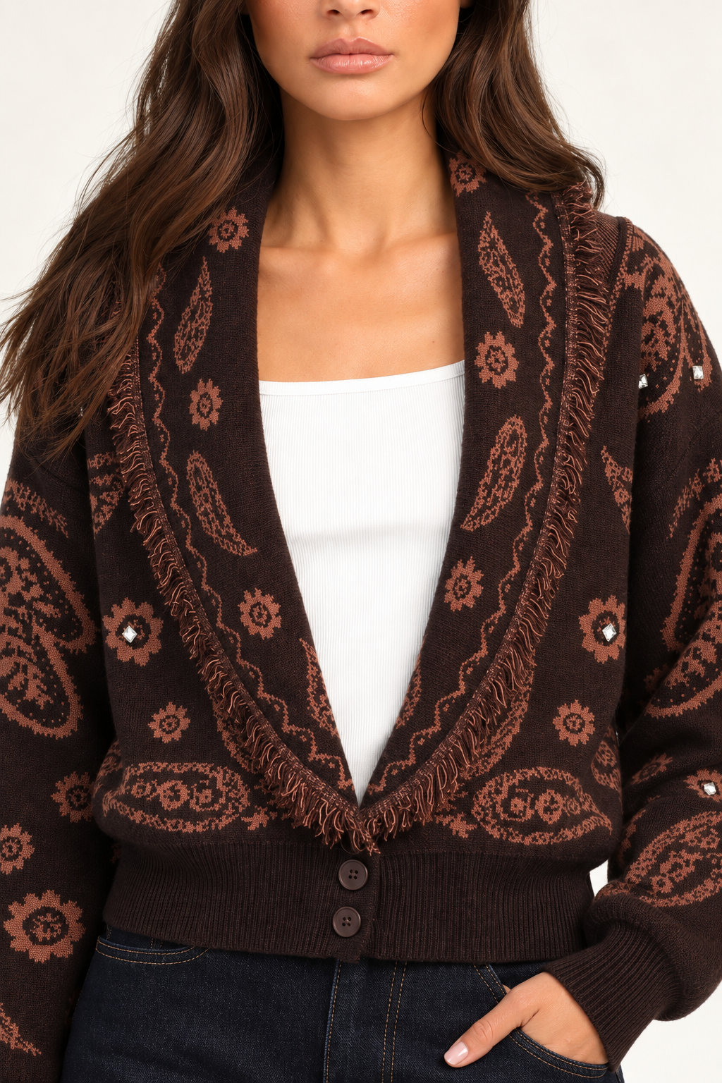 Colette Chocolate Paisley Cardigan close-up view