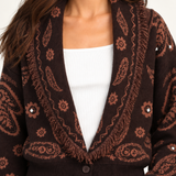 Colette Chocolate Paisley Cardigan close-up view