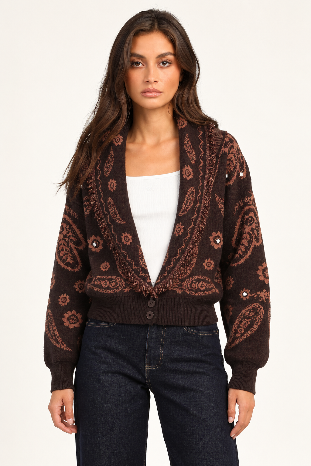Colette Chocolate Paisley Cardigan front view