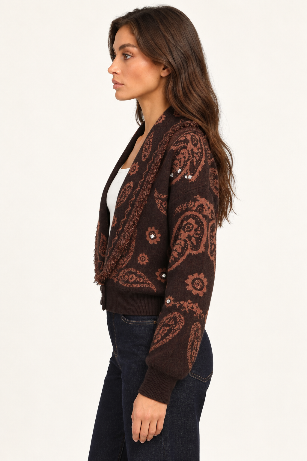 Colette Chocolate Paisley Cardigan side view