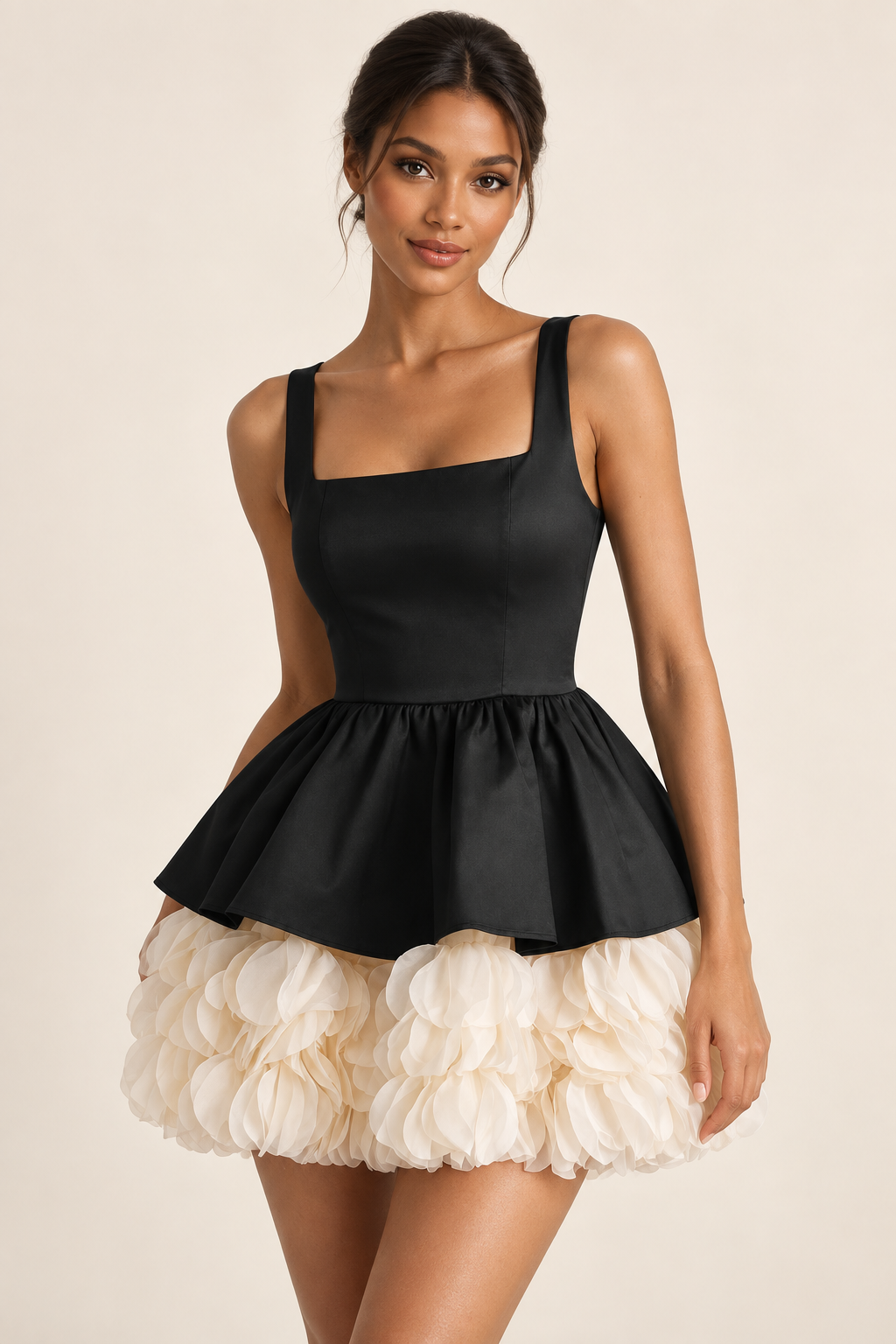 Colette black and ivory petal peplum mini dress, half-shot view