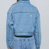 Cropped Denim Jacket With Embellished Hearts in Mid Wash