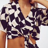 Cropped Shirt With Knot in Bauhaus Abstract Black and White Print
