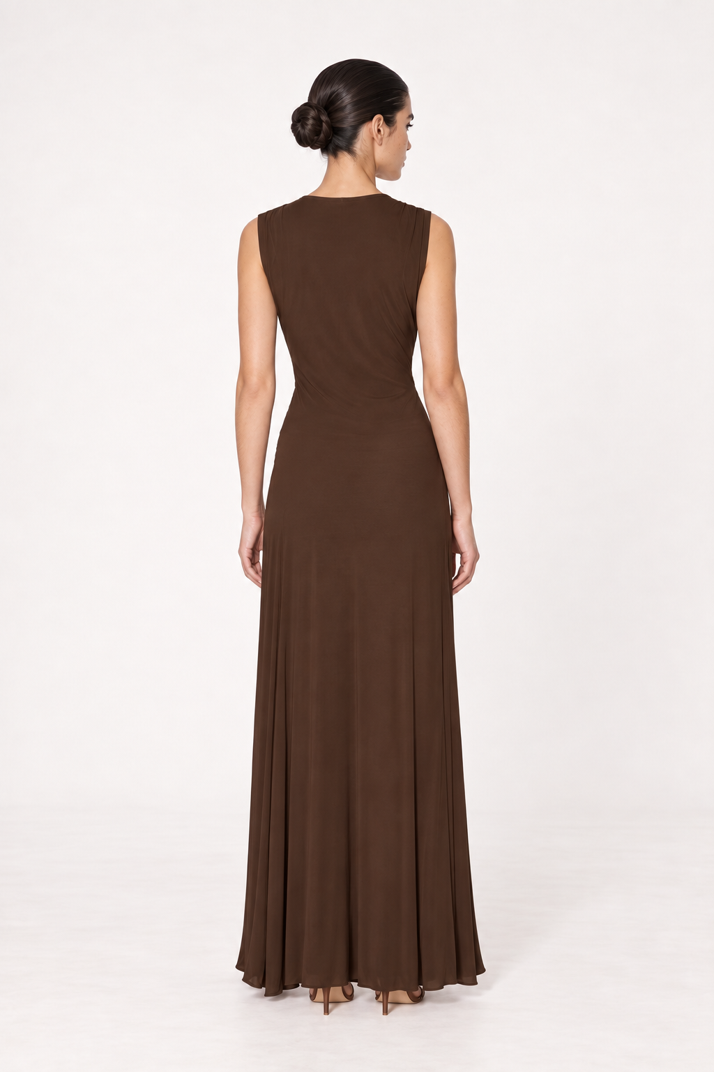 Delphine Chocolate Woven-Pleat Maxi Dress back view