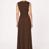 Delphine Chocolate Woven-Pleat Maxi Dress back view