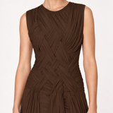 Delphine Chocolate Woven-Pleat Maxi Dress close-up view