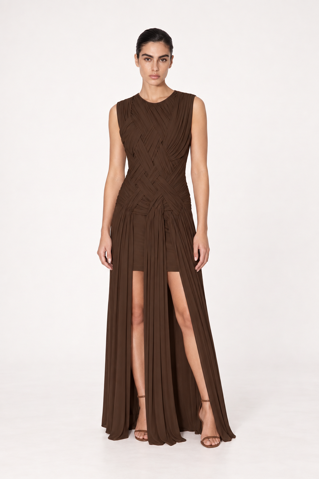 Delphine Chocolate Woven-Pleat Maxi Dress front view