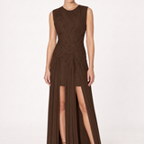 Delphine Chocolate Woven-Pleat Maxi Dress front view