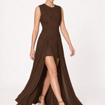 Delphine Chocolate Woven-Pleat Maxi Dress movement view