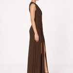 Delphine Chocolate Woven-Pleat Maxi Dress side view