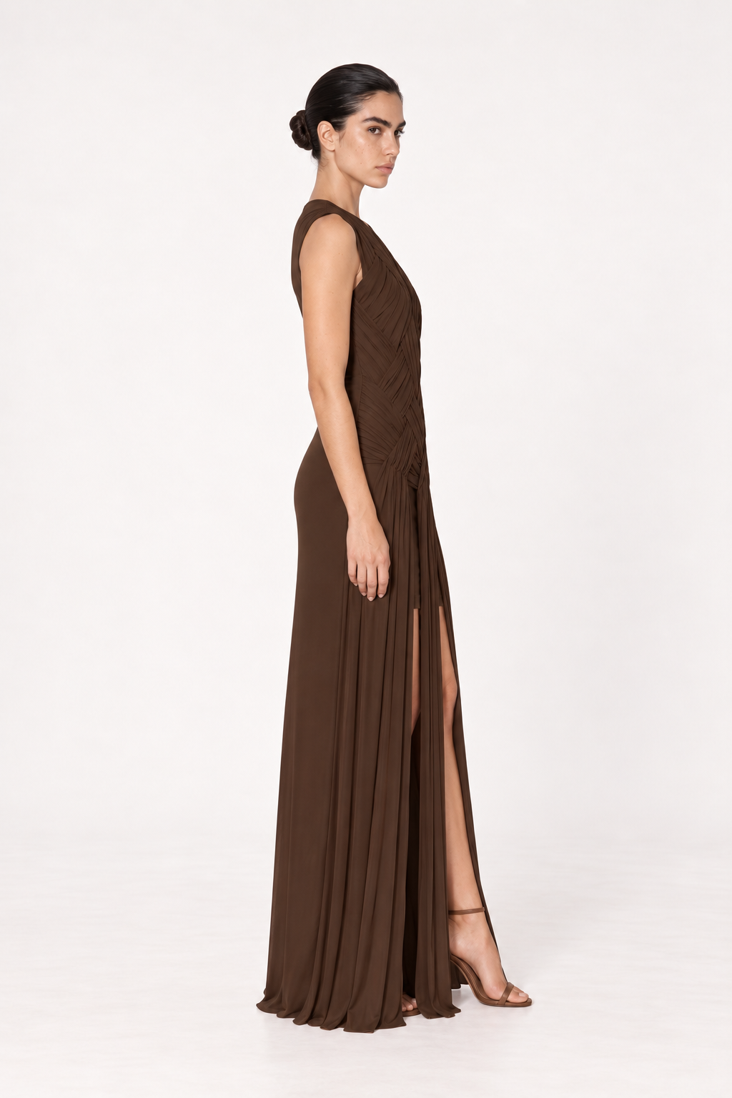Delphine Chocolate Woven-Pleat Maxi Dress side view