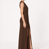 Delphine Chocolate Woven-Pleat Maxi Dress side view