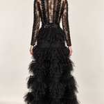 Élodie black beaded lace and ruffle maxi dress, back view