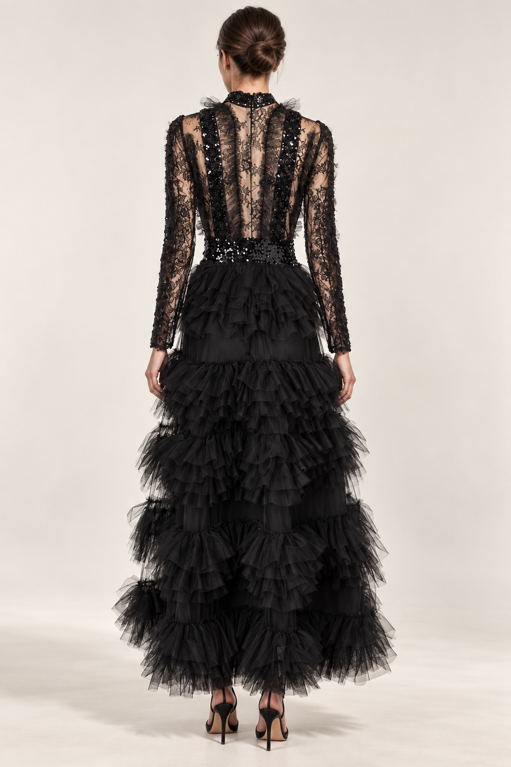 Élodie black beaded lace and ruffle maxi dress, back view