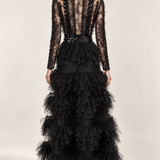 Élodie black beaded lace and ruffle maxi dress, back view