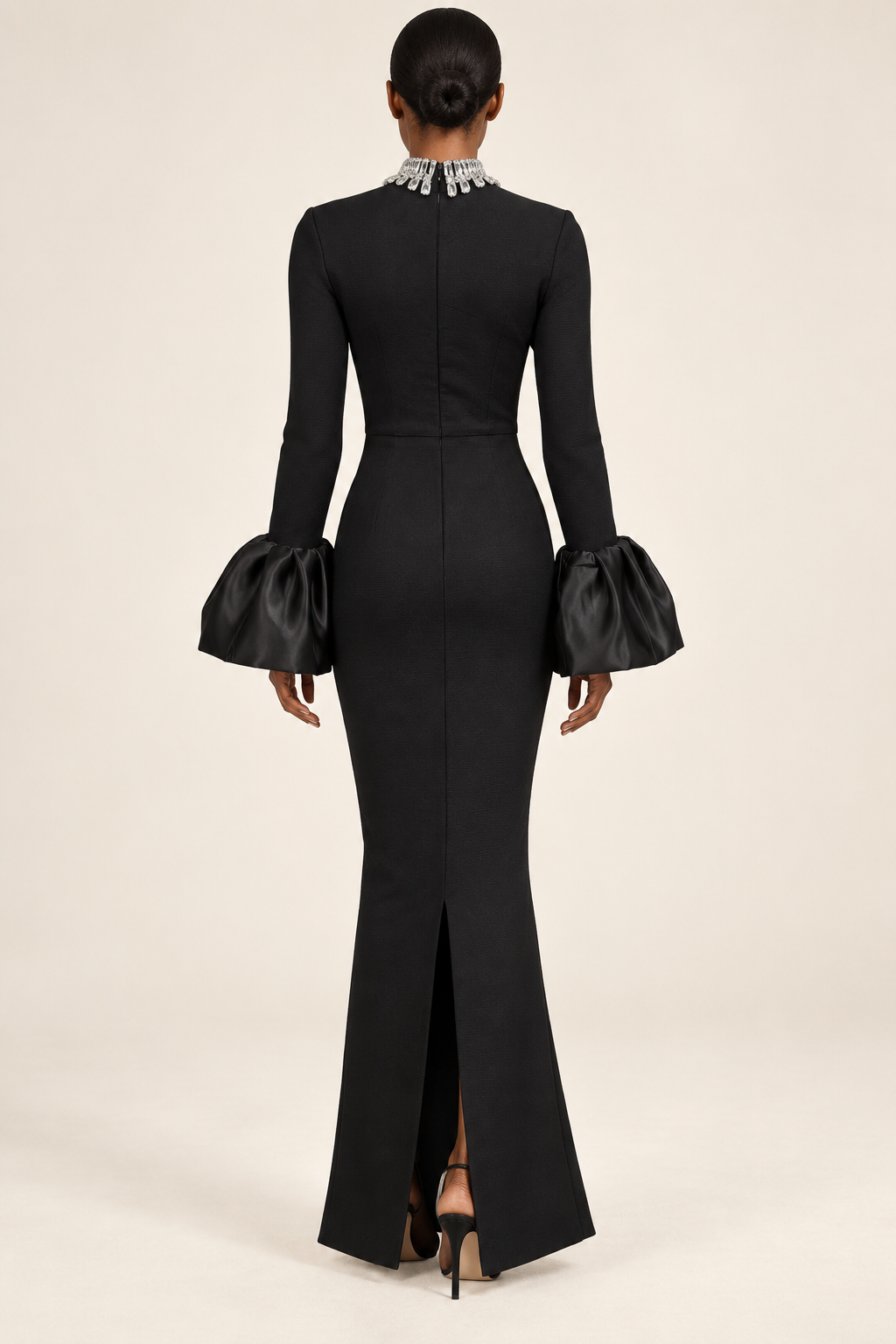 Élodie black crystal-neck flare-cuff gown, back view