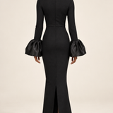Élodie black crystal-neck flare-cuff gown, back view