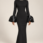 Élodie black crystal-neck flare-cuff gown, front view