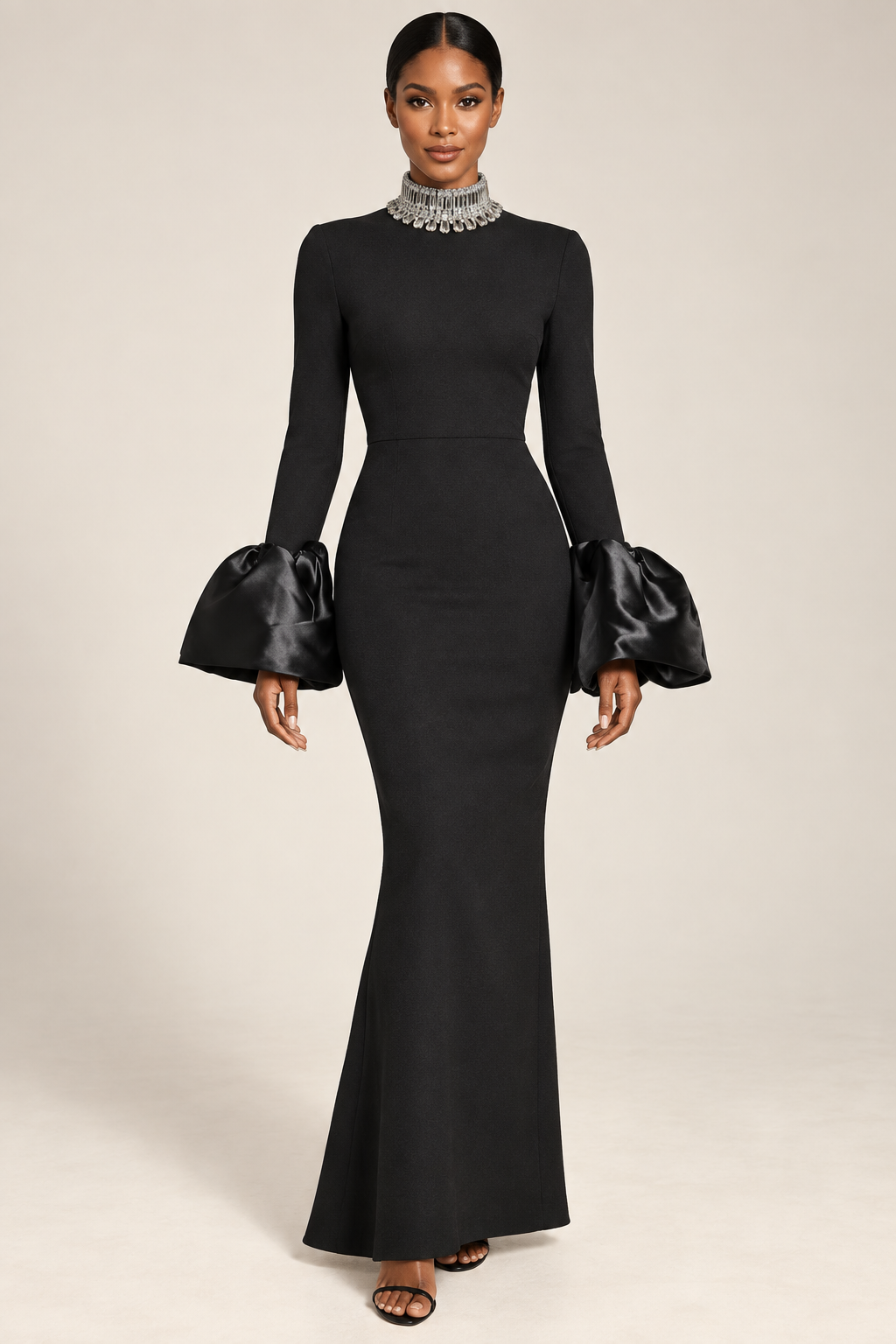 Élodie black crystal-neck flare-cuff gown, front view
