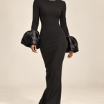 Élodie black crystal-neck flare-cuff gown, movement view
