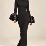 Élodie black crystal-neck flare-cuff gown, movement view