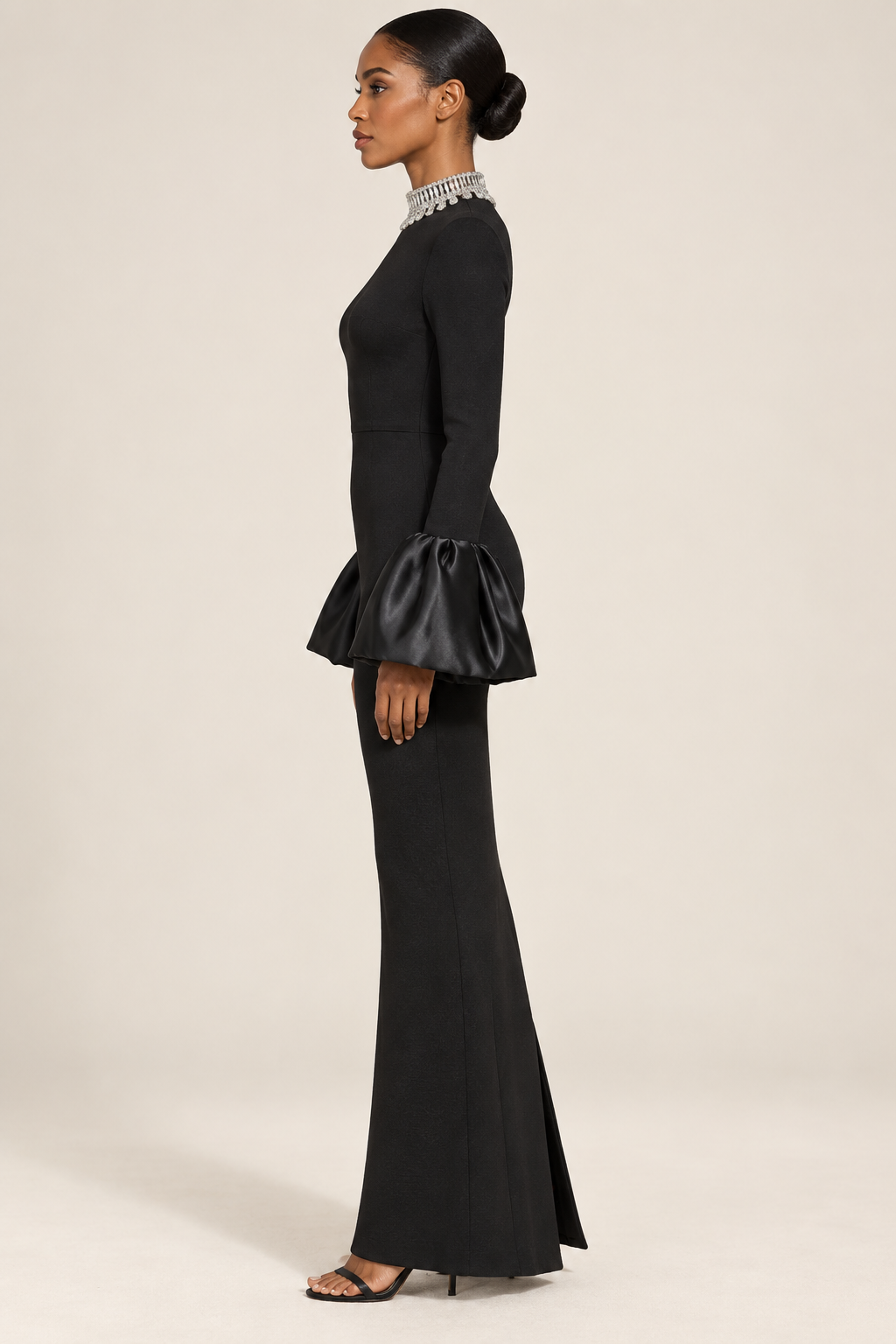 Élodie black crystal-neck flare-cuff gown, side view